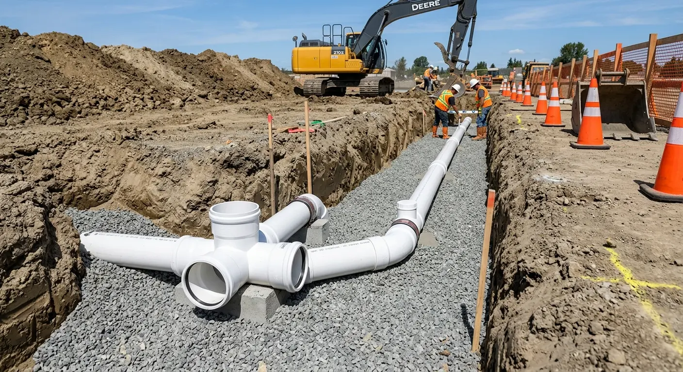 New PVC sewer pipe installation in open trench for Commercial Drain Cleaning in Mocksville